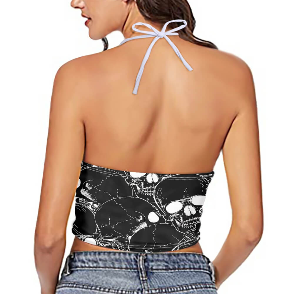 Skull Print Backless Halter Crop Top