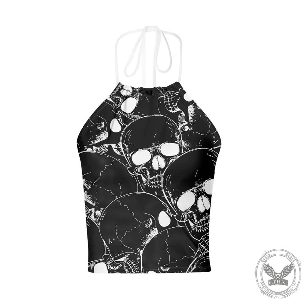 Skull Print Backless Halter Crop Top