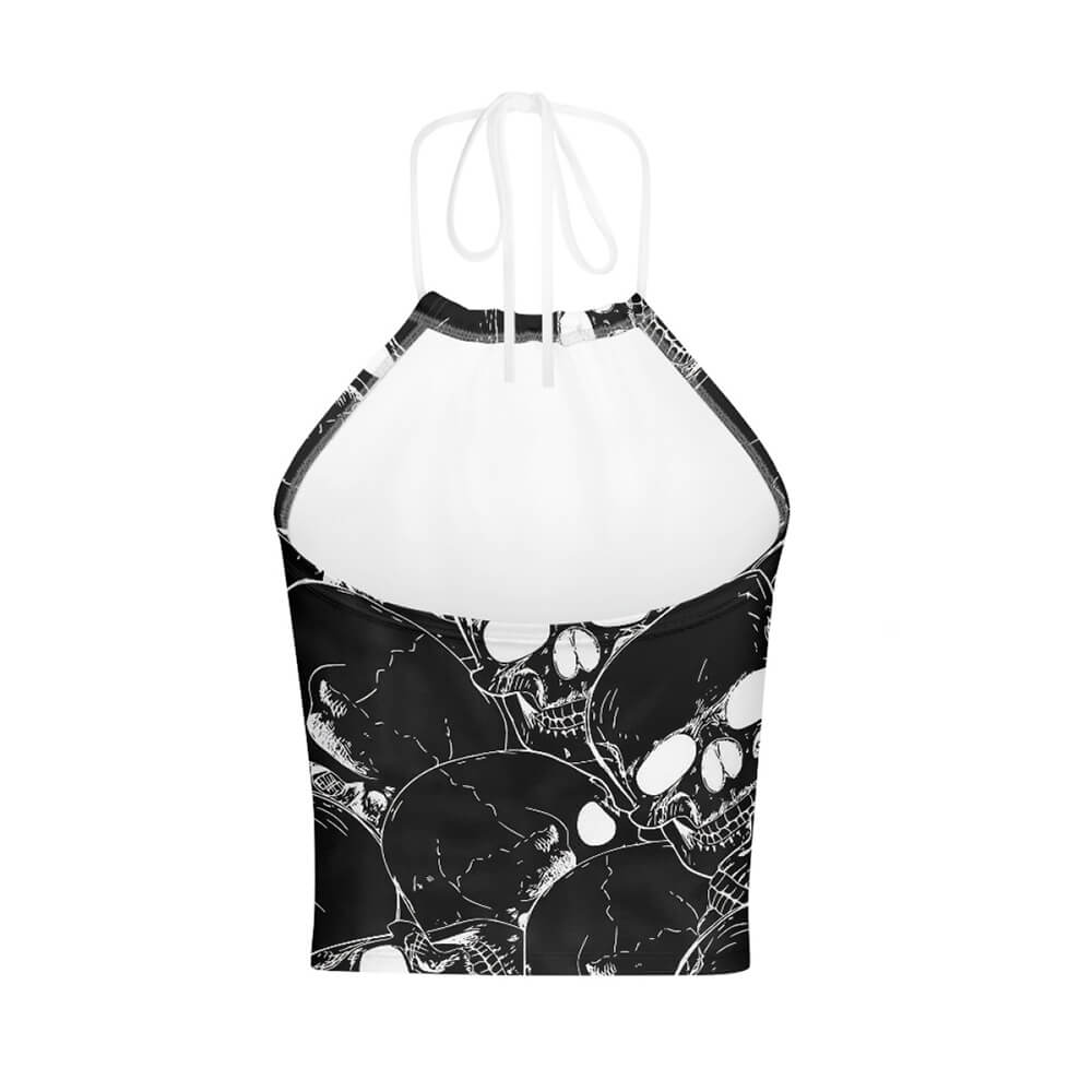 Skull Print Backless Halter Crop Top