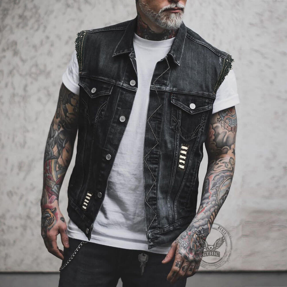 Skull Rebel Print Lapel Biker Denim Vest | Gthic.com