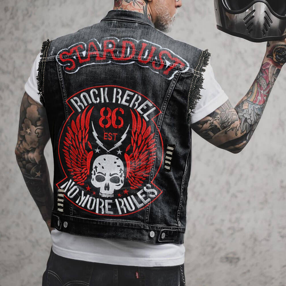 Skull Rebel Print Lapel Biker Denim Vest | Gthic.com