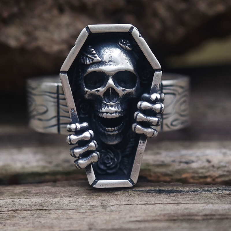 Skull Rose Coffin Sterling Silver Ring | Gthic.com