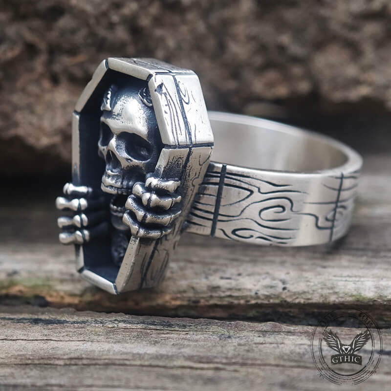 Skull Rose Coffin Sterling Silver Ring | Gthic.com