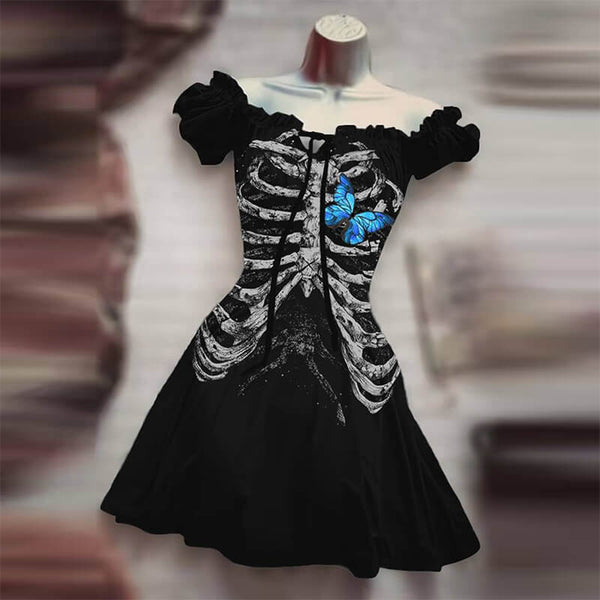 Skull Rose Bat Print Puff Sleeve Mini Dress, C / 2XL