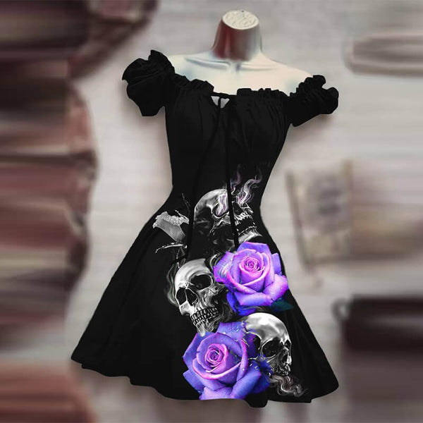 Skull Rose Bat Print Puff Sleeve Mini Dress, D / M