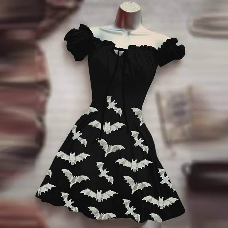 Skull Rose Bat Print Puff Sleeve Mini Dress, D / M Skull Rose Bat Print Puff Sleeve Mini Dress, D / M