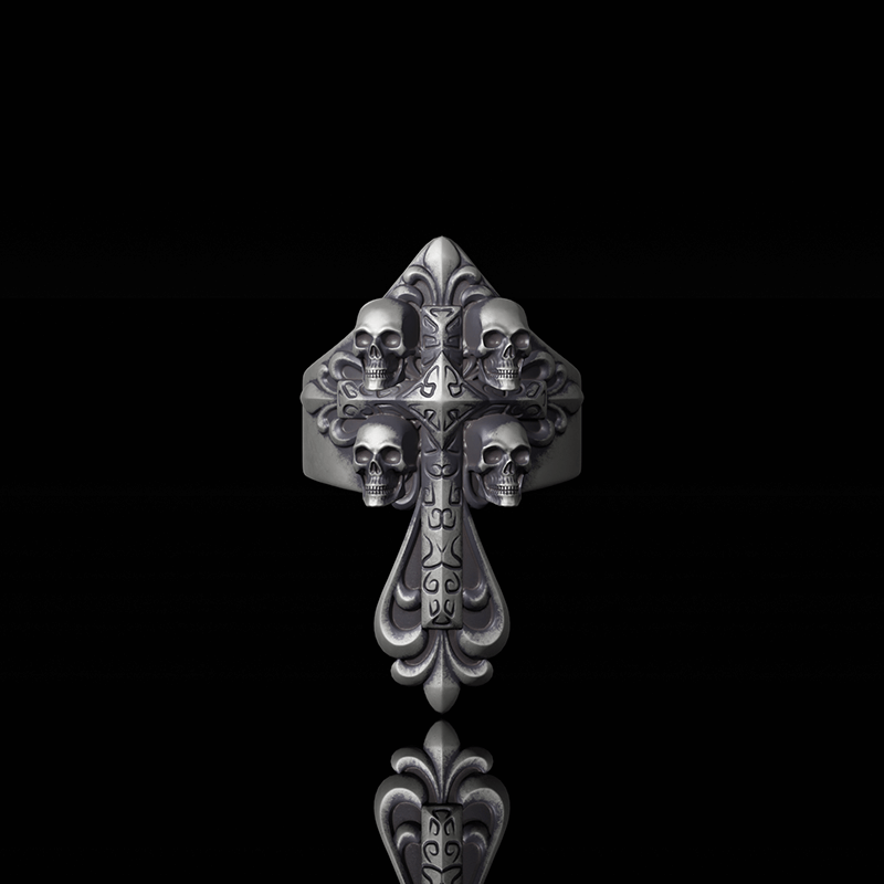 Skulls Cross Sterling Silver Ring | Gthic.com