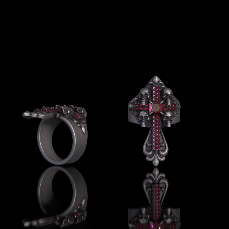 Skulls Cross Sterling Silver Ring | Gthic.com