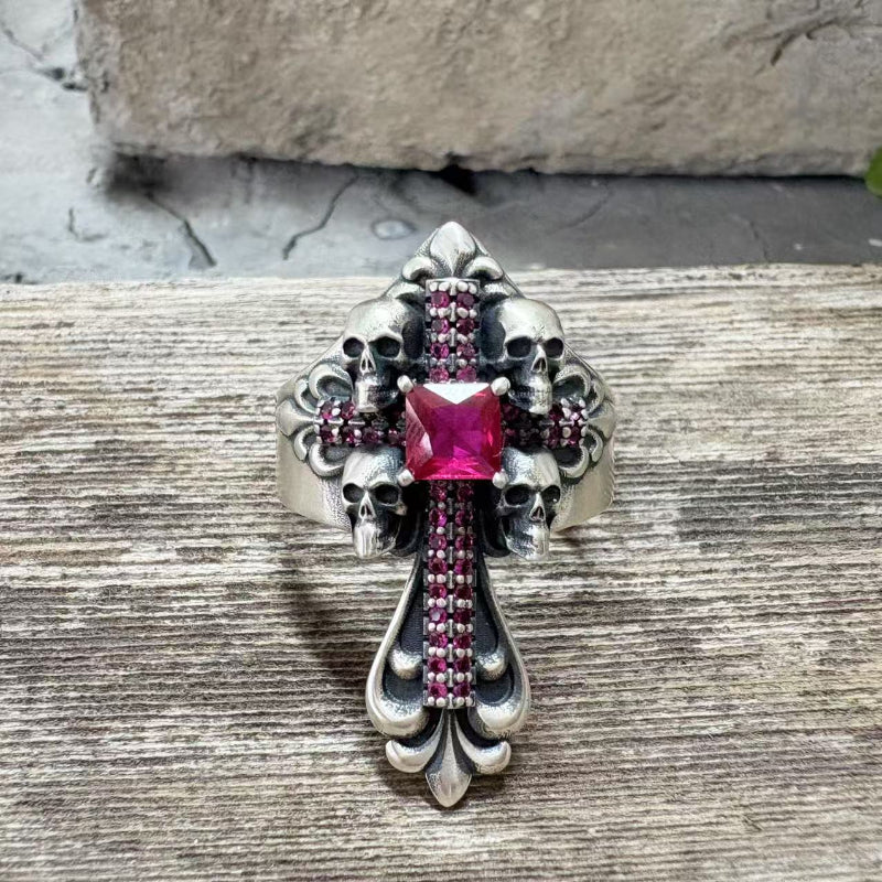 Skulls Cross Sterling Silver Ring | Gthic.com