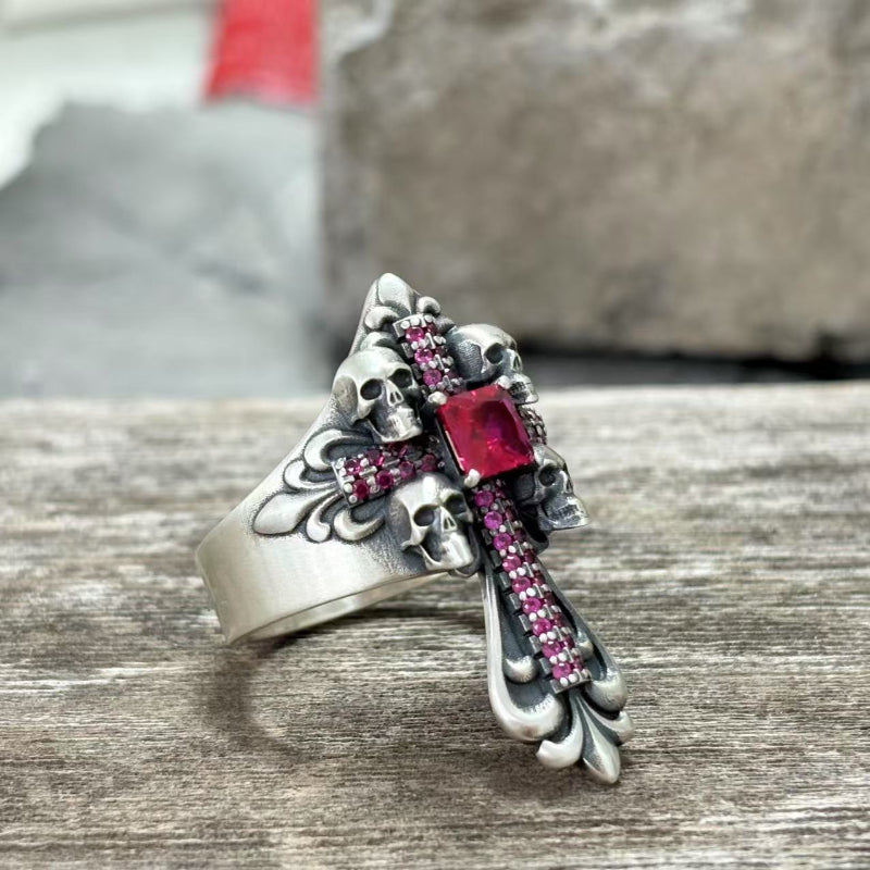 Skulls Cross Sterling Silver Ring | Gthic.com