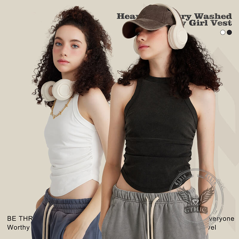 Slim-Fitting Washed Pleated Short Racer-Shaped Vest | Gthic.com