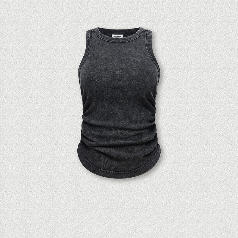 Slim-Fitting Washed Pleated Short Racer-Shaped Vest