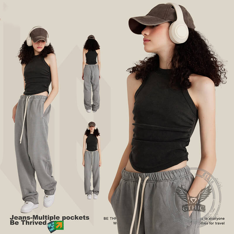 Slim-Fitting Washed Pleated Short Racer-Shaped Vest | Gthic.com