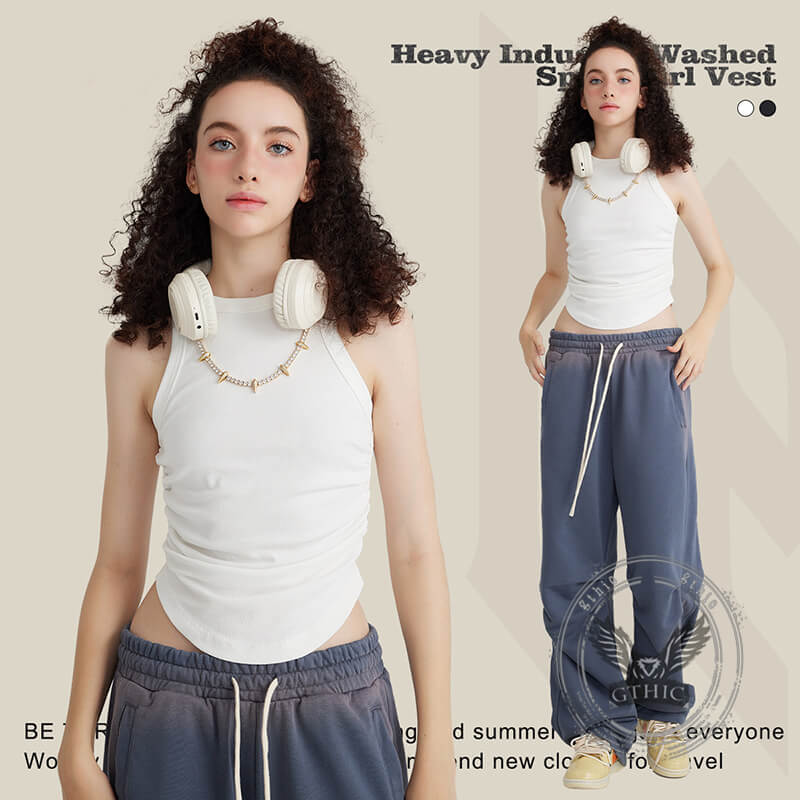 Slim-Fitting Washed Pleated Short Racer-Shaped Vest | Gthic.com