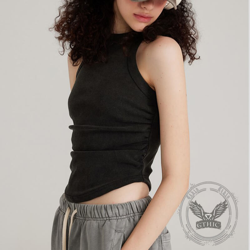 Slim-Fitting Washed Pleated Short Racer-Shaped Vest | Gthic.com