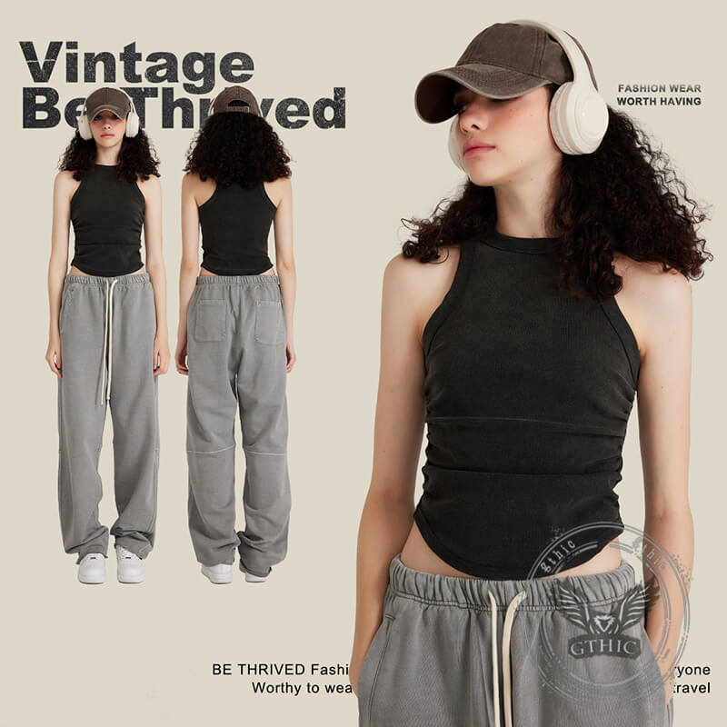 Slim-Fitting Washed Pleated Short Racer-Shaped Vest | Gthic.com