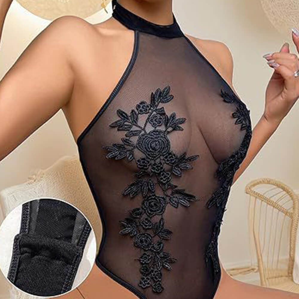 Slim Fit Sexy See-Through Embroidery Halter Neck Bodysuit | Gthic.com