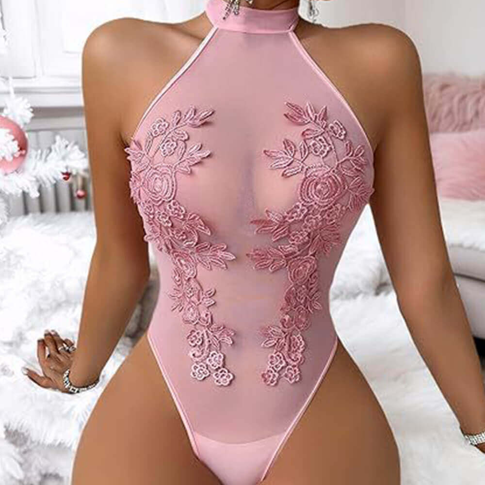 Slim Fit Sexy See-Through Embroidery Halter Neck Bodysuit | Gthic.com