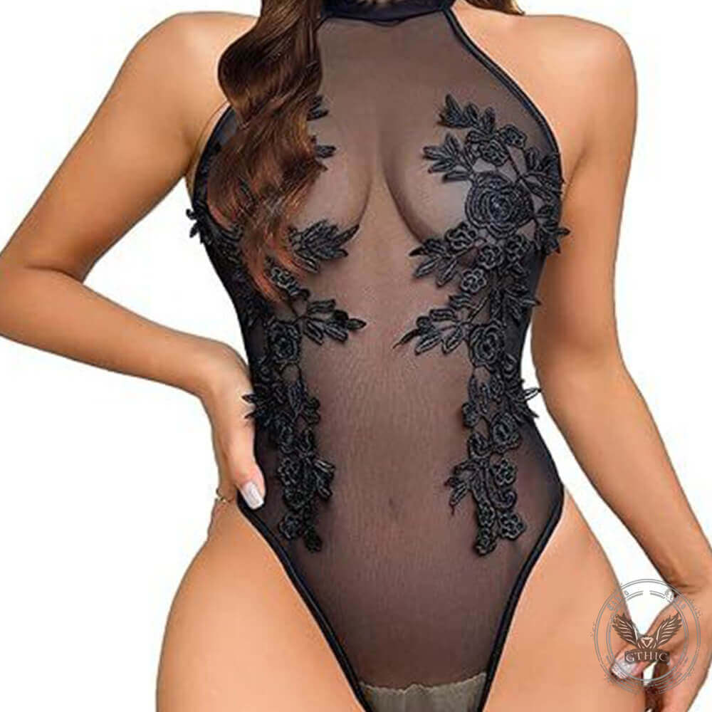 Slim Fit Sexy See-Through Embroidery Halter Neck Bodysuit | Gthic.com