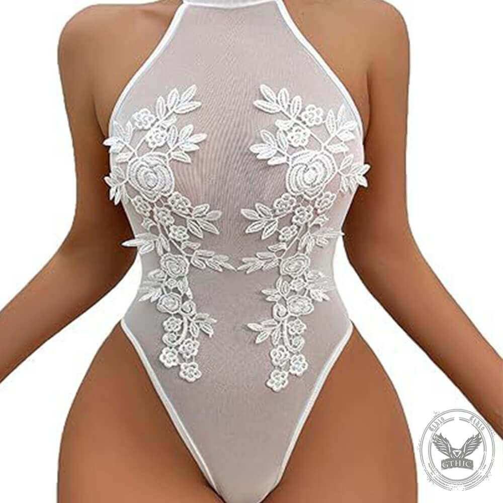 Slim Fit Sexy See-Through Embroidery Halter Neck Bodysuit | Gthic.com