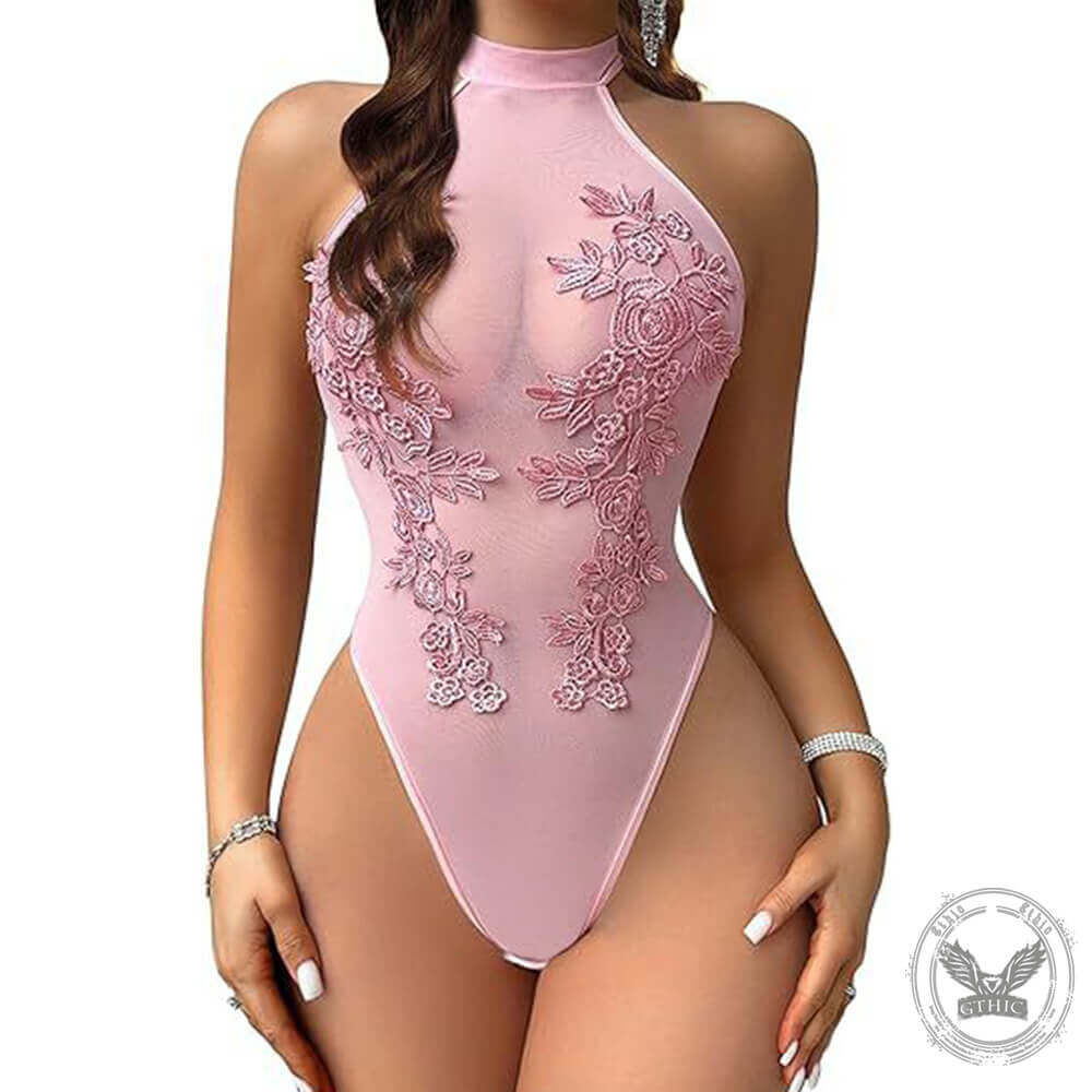 Slim Fit Sexy See-Through Embroidery Halter Neck Bodysuit | Gthic.com