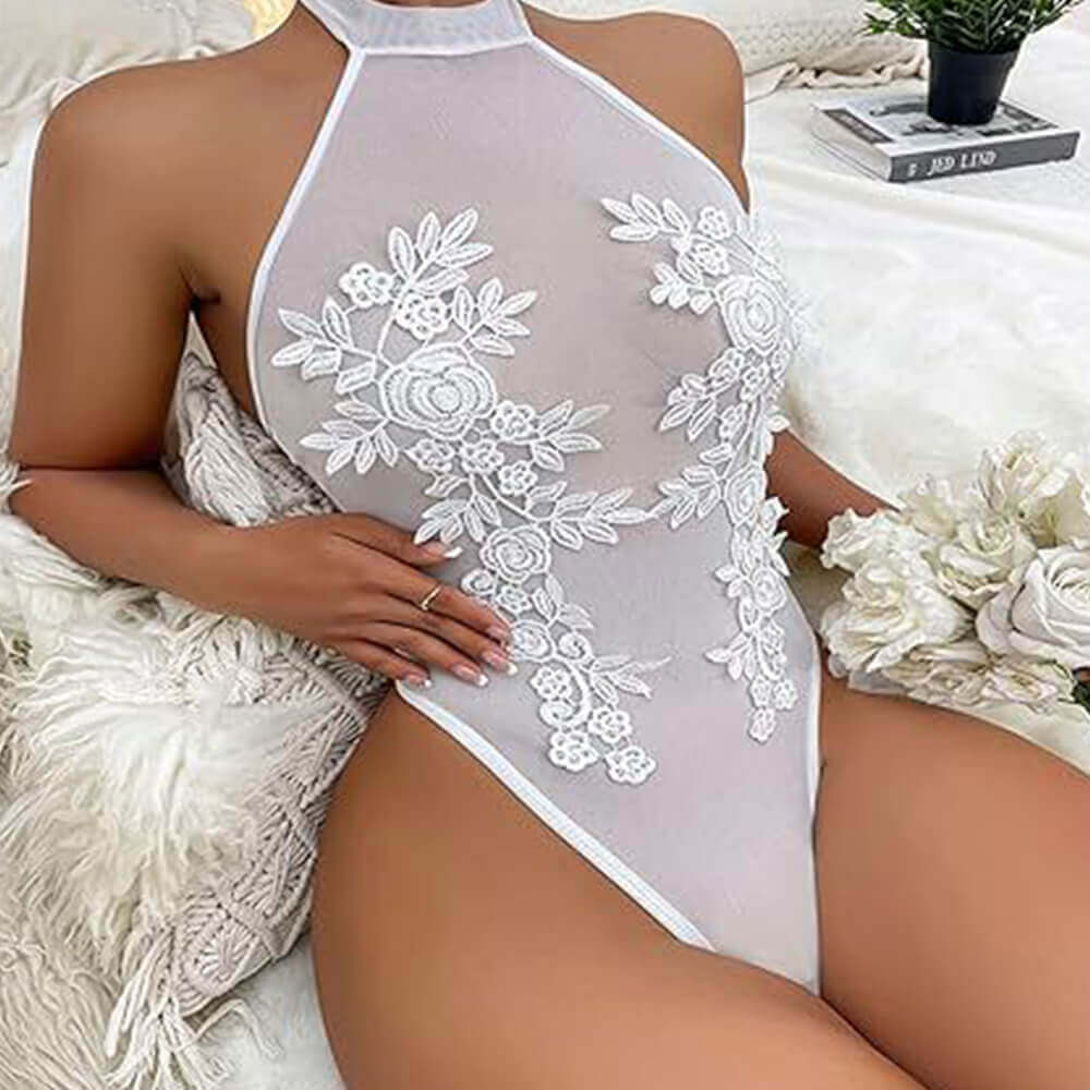 Slim Fit Sexy See-Through Embroidery Halter Neck Bodysuit | Gthic.com