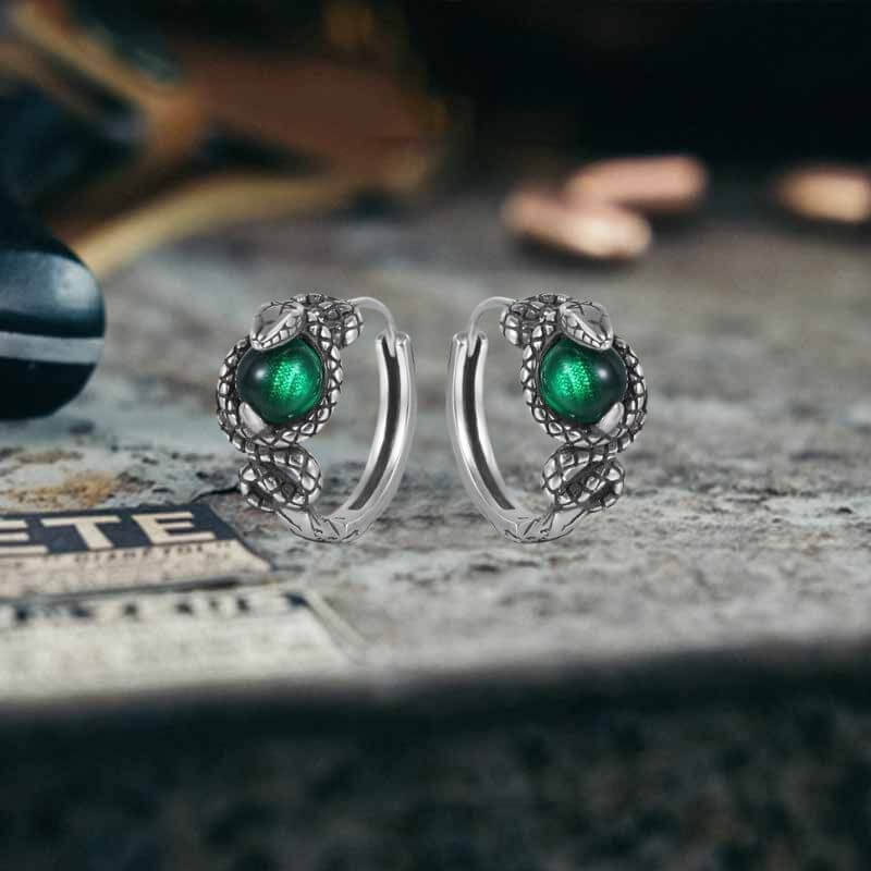 Slytherin Snake Gemstone Sterling Silver Hoop Earrings | Gthic.com