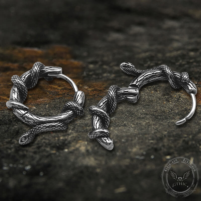 Snake Entwined Vines Stainless Steel Hoop Earrings