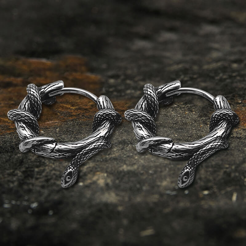 Snake Entwined Vines Stainless Steel Hoop Earrings | Gthic.com