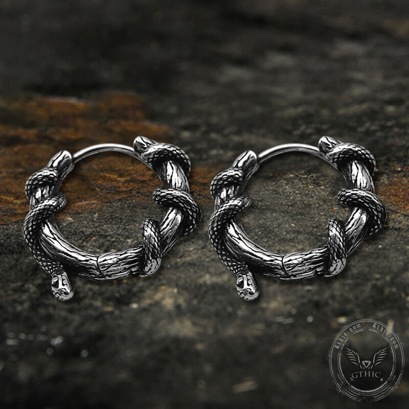 Snake Entwined Vines Stainless Steel Hoop Earrings | Gthic.com