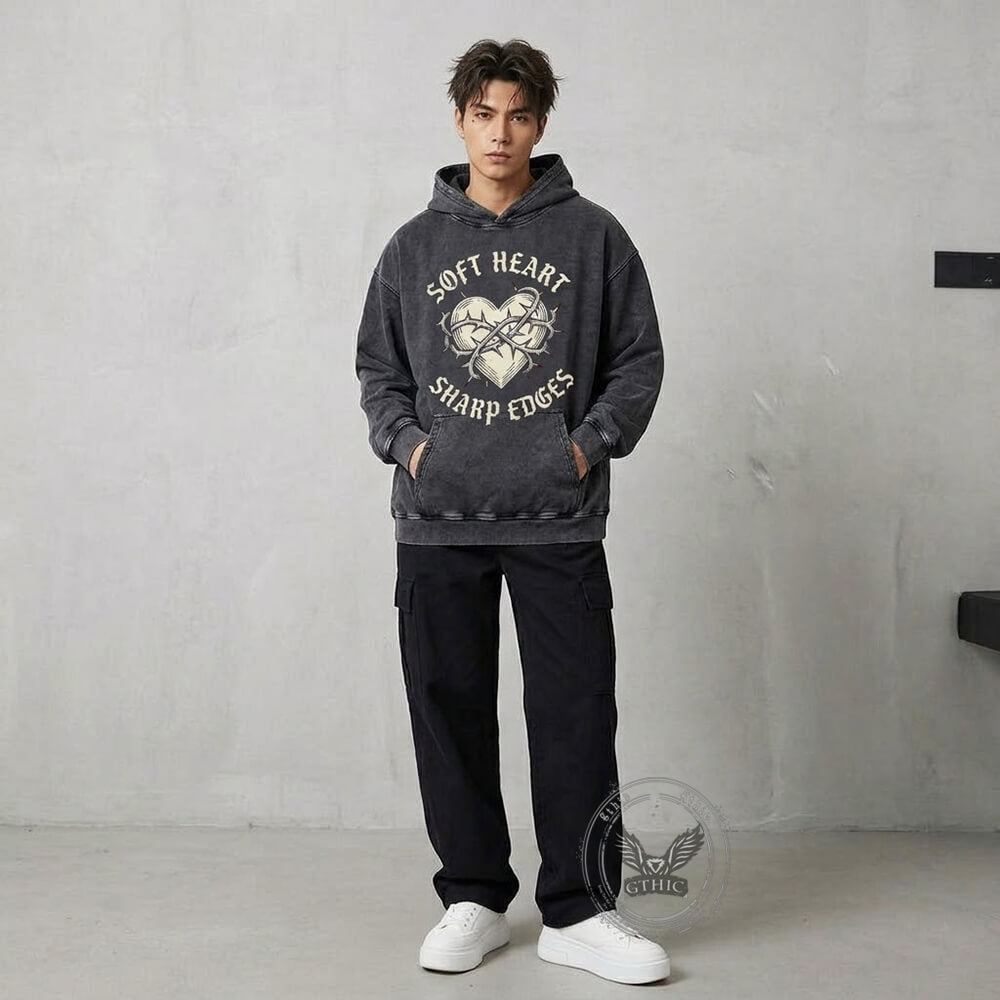 Soft Heart Sharp Edges Thorns Vintage Washed Hoodie | Gthic.com