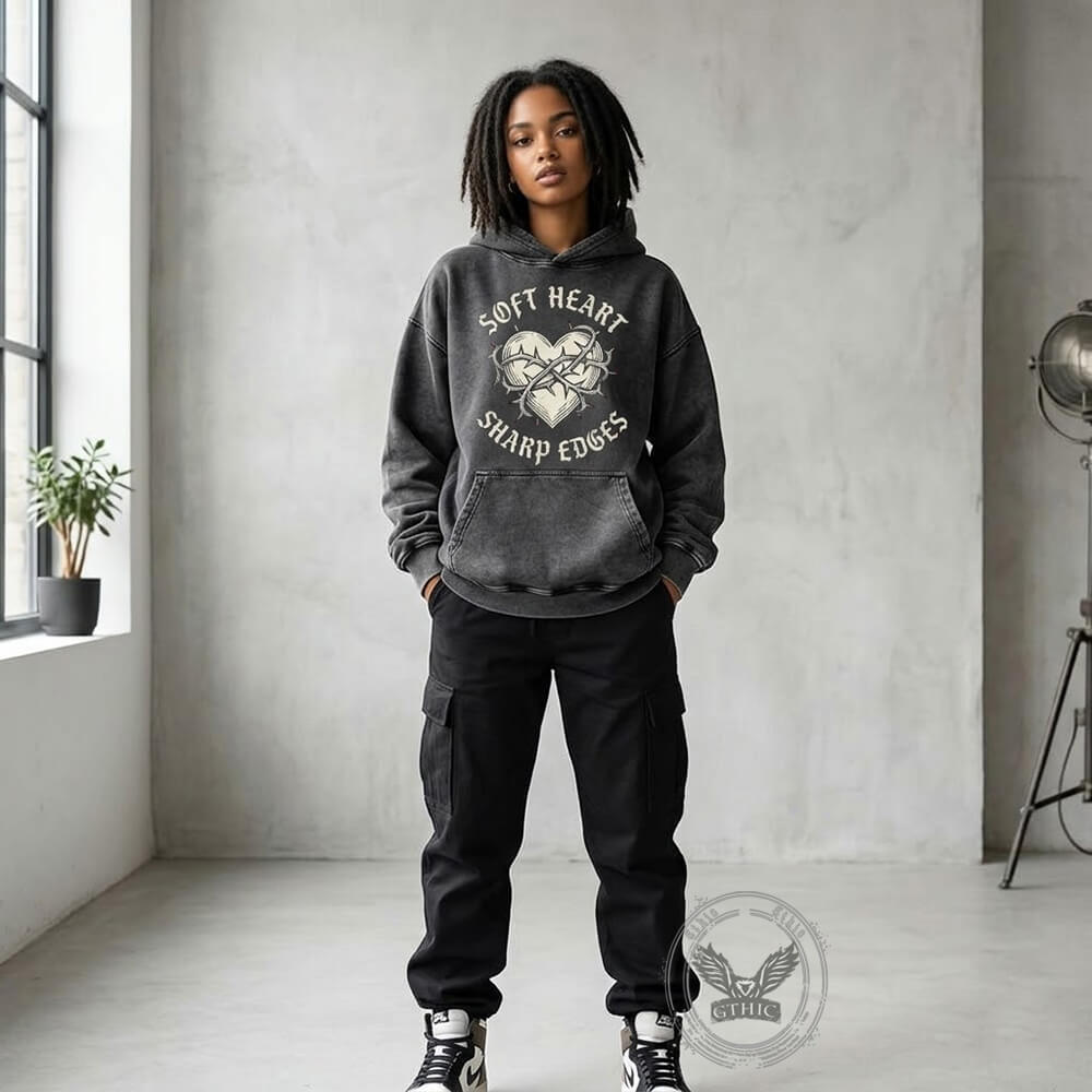 Soft Heart Sharp Edges Thorns Vintage Washed Hoodie | Gthic.com