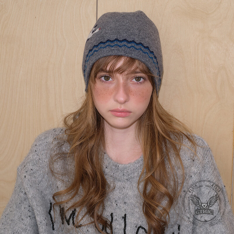 Soft Kitten Jacquard Pure Wool Knitted Beanie Hat | Gthic.com