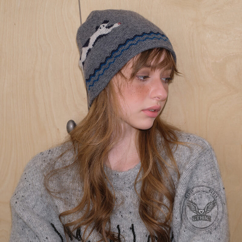 Soft Kitten Jacquard Pure Wool Knitted Beanie Hat | Gthic.com