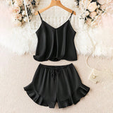 Solid Casual Suspender Pajamas Ruffled Shorts Set 01 | Gthic.com