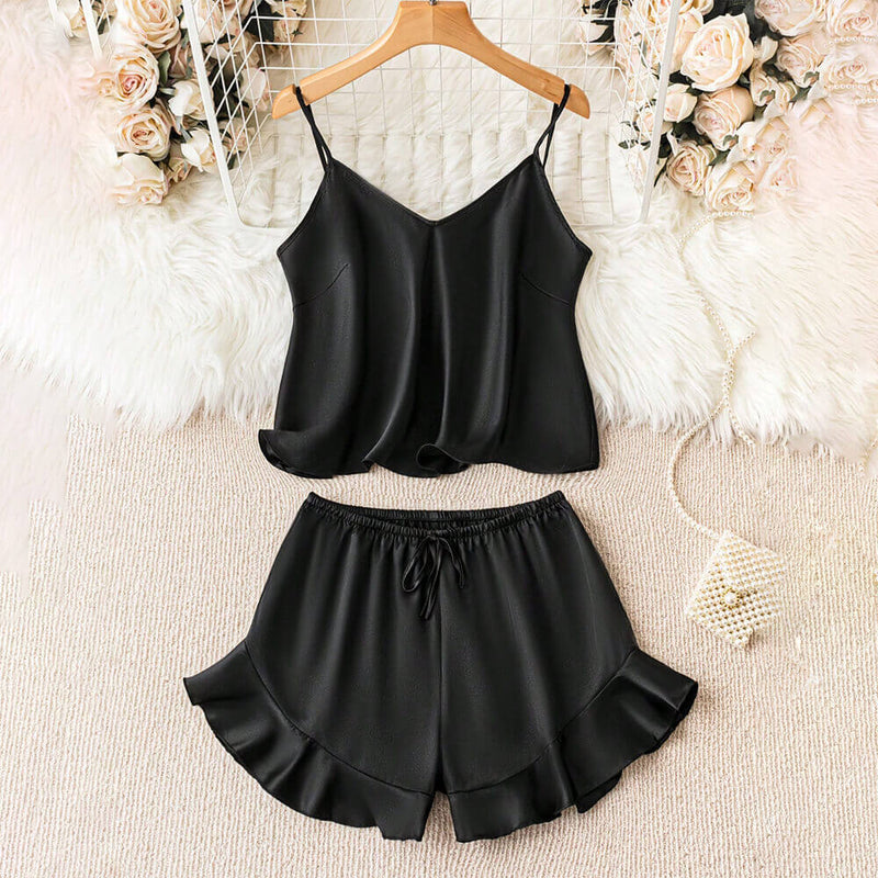 Solid Casual Suspender Pajamas Ruffled Shorts Set 01 | Gthic.com