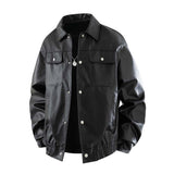 Solid Color Casual Button PU Leather Biker Jacket
