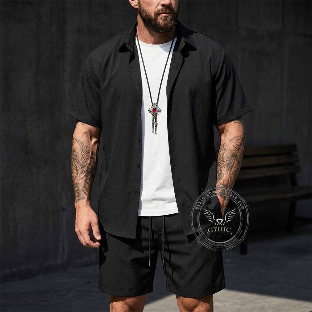 Solid Color Casual Vacation Shirt and Shorts Set | Gthic.com
