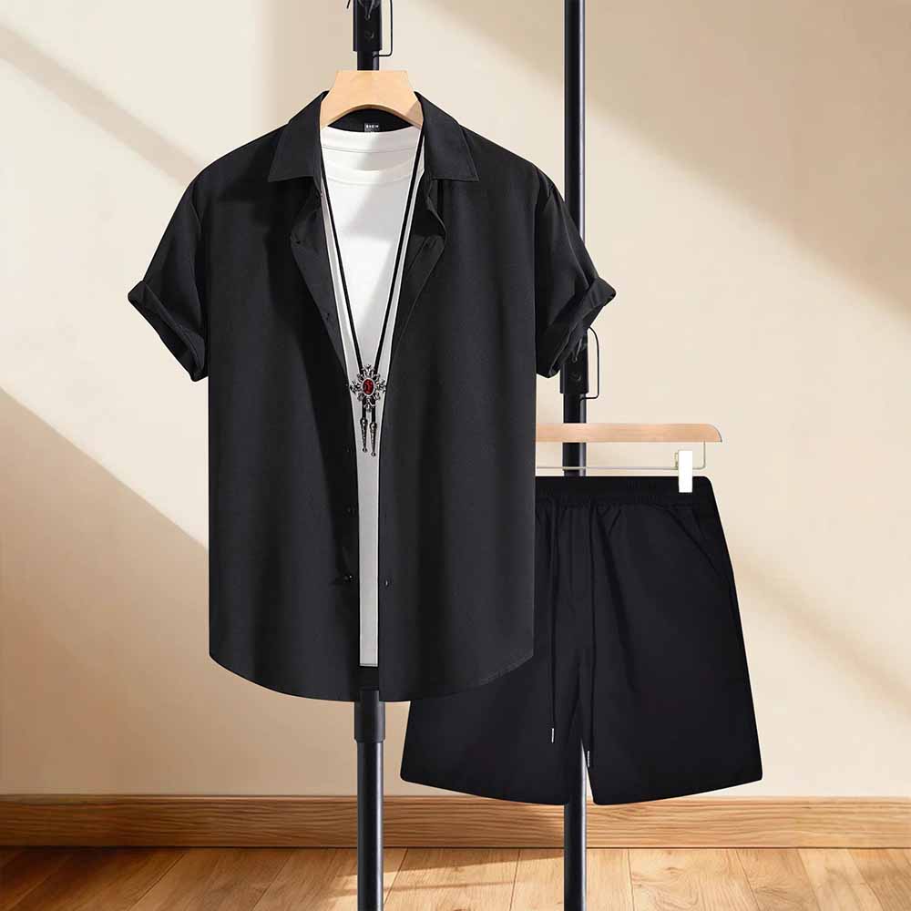 Solid Color Casual Vacation Shirt and Shorts Set