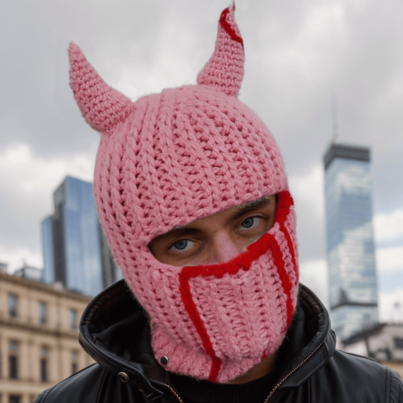 Solid Color Devil Horns Knit Balaclava Hat | Gthic.com