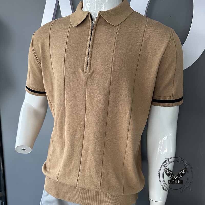 Solid Color Half-Zip Lapel Knitted Polo Shirt 02 | Gthic.com