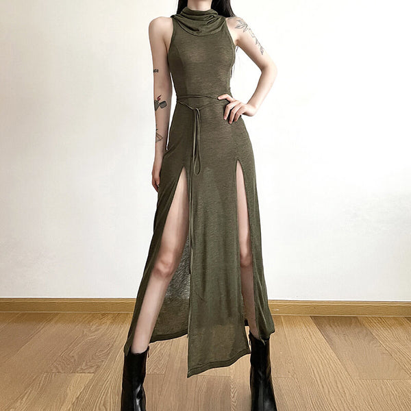 Solid Color Hooded Sleeveless Slit Dress | Gthic.com