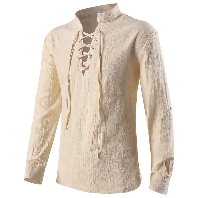 Solid Color Stand Collar Lace Up Long Sleeve Shirt | Gthic.com