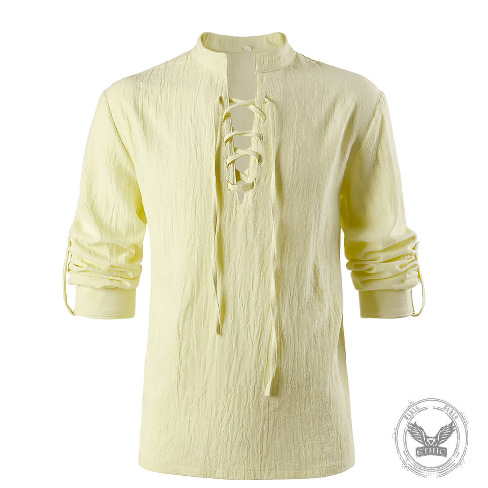 Solid Color Stand Collar Lace Up Long Sleeve Shirt