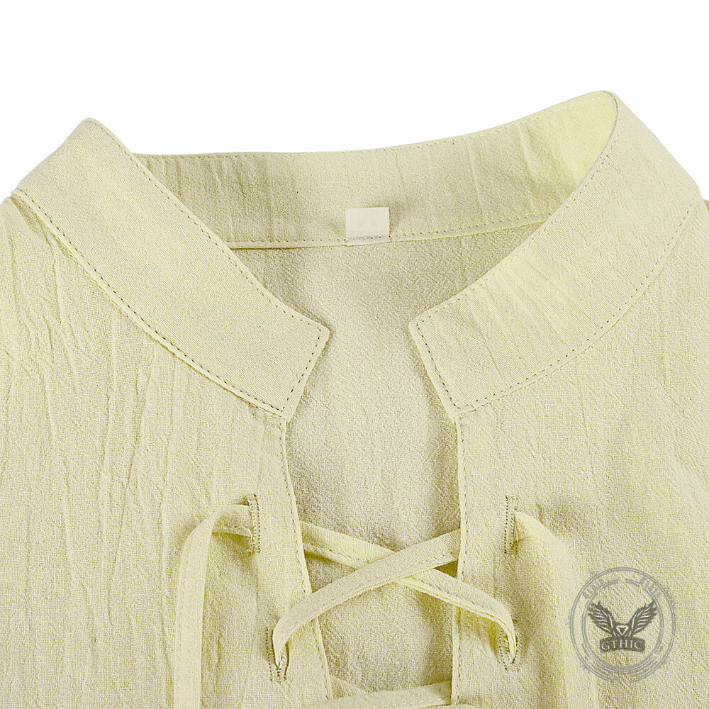 Solid Color Stand Collar Lace Up Long Sleeve Shirt