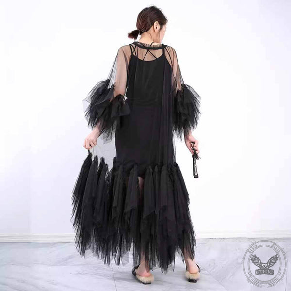 Solid Color Tulle See Through Tassels Hem Long Dress 02 | Gthic.com