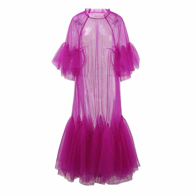 Solid Color Tulle See Through Tassels Hem Long Dress