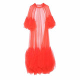 Solid Color Tulle See Through Tassels Hem Long Dress