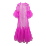 Solid Color Tulle See Through Tassels Hem Long Dress