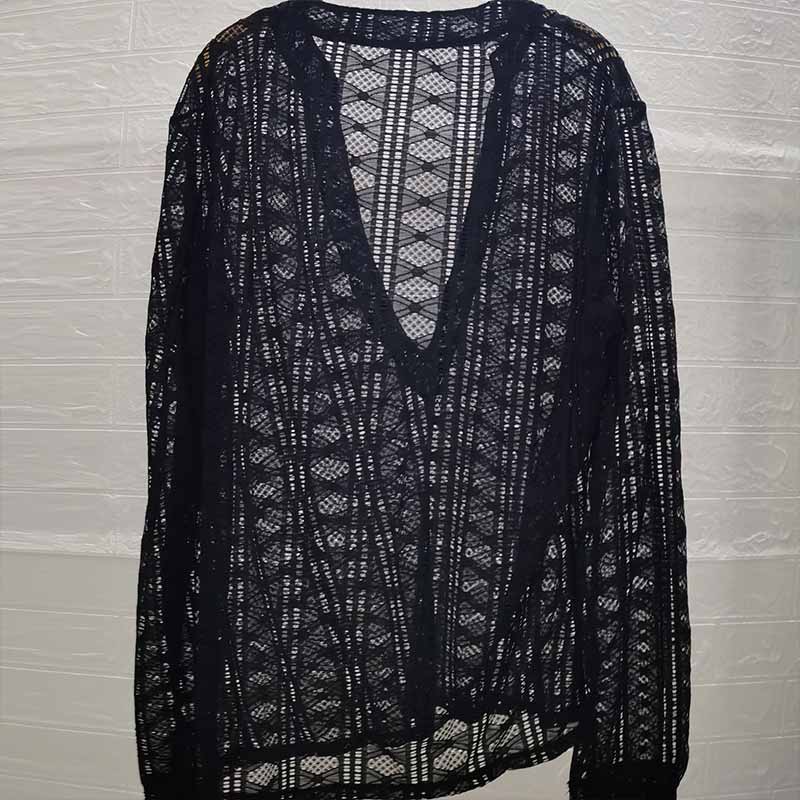 Solid Color V-Neck See-Through Lace Long Sleeve Top 02 | Gthic.com